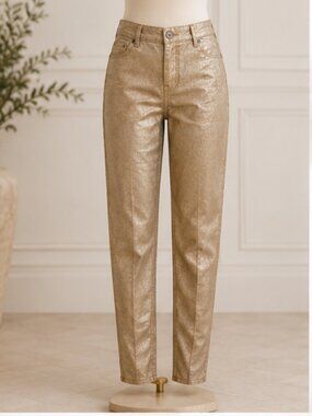 Chico’s Gold Metallic Snake Texture Regular Slim Straight Pants. Size 2.5R/14